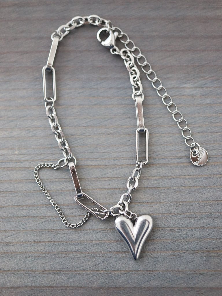Heart Pendant With 2 Link Chain Style Design Bracelet Silver Stainless Steel